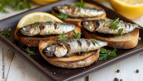 Delicious Seafood Toast Topped With Fresh Fish and Herbs Served on a Wooden Table