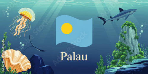 Palau underwater illustration with national flag, jellyfish, shark and coral reef, tropical ocean marine life travel background