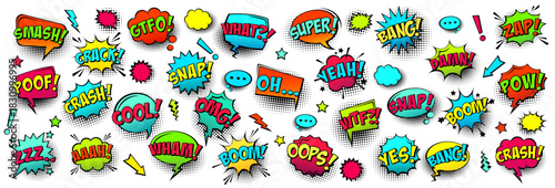 Comic colored speech bubbles with halftone shadow and text phrase. Sound expression of emotion. Hand drawn retro cartoon stickers. Pop art style. Vector illustration