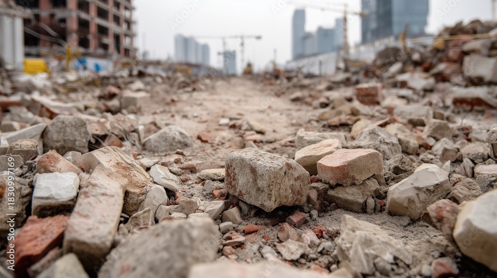 Fototapeta premium Debris of destroyed building with scattered stones — safety and cleanup