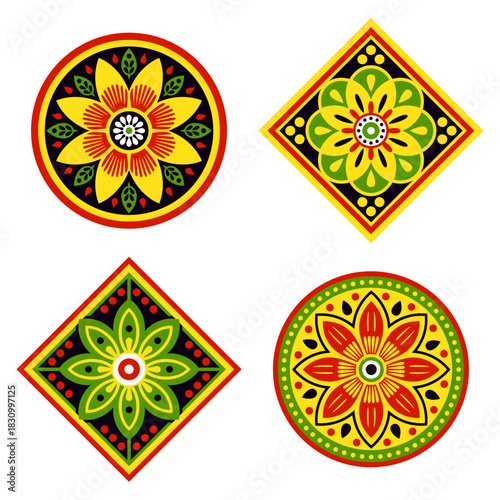 Set of colorful vector floral motifs in circular and diamond shapes, inspired by traditional Ukrainian and Polish folk art embroidery designs.