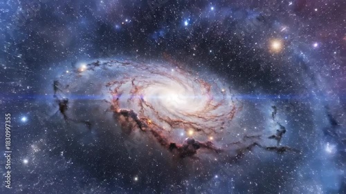 Swirling galaxy center, cosmic dust, stars