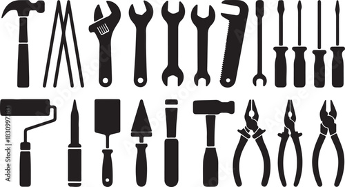 A black and white silhouette illustration of a complete set of essential hand tools for building, maintenance, and home improvement projects