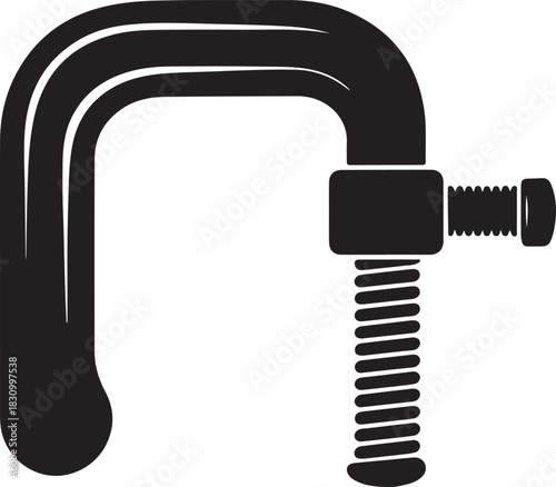 A black and white silhouette illustration of a C-clamp tool, a simple vector graphic for industrial or hobbyist woodworking projects