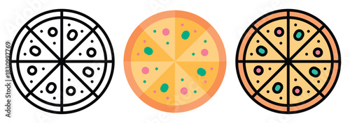 Pizza Slice Icon Set in Outline, Color & Flat Style