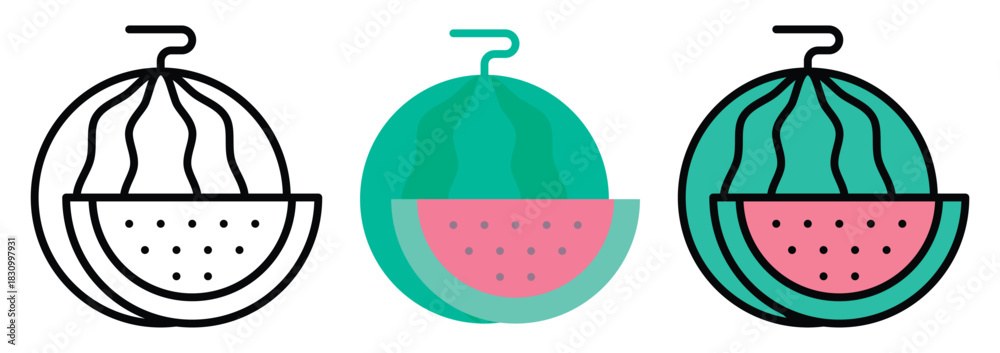 Fototapeta premium Water Melon Fruit Icon Set in Outline, Color & Flat Style