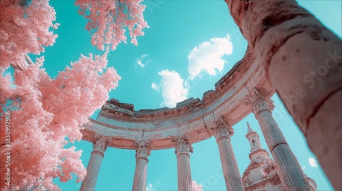 Low-angle shot of ancient ruins with pink trees against a bright blue sky with fluffy white clouds, creating a surreal and vibrant landscape.