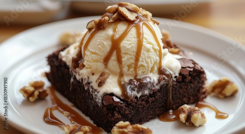 Delicious Brownie Dessert Topped With Ice Cream and Caramel Sauce