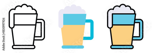 Beer Mug Drink Icon Set in Outline, Color & Flat Style