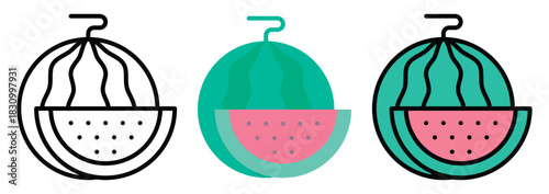 Water Melon Fruit Icon Set in Outline, Color & Flat Style
