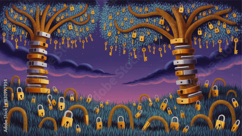 Surreal security landscape with padlock trees and golden keys at twilight, conceptual cybersecurity illustration background