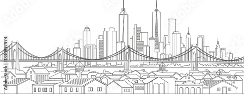 Single Line Cityscape Outline with Skyscrapers and Urban Blocks.