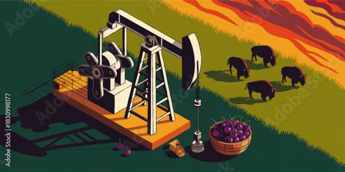 Colorful oil pumpjack with grazing bison herd and basket of cherries in stylized rural landscape illustration