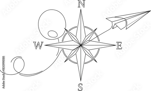 Single Line Travel Icon with Plane Path and Navigational Compass.