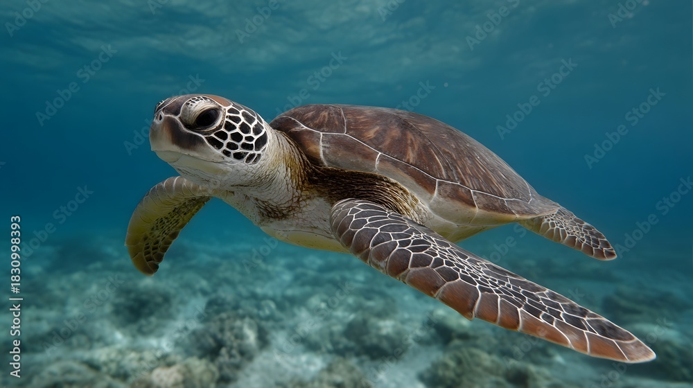 Fototapeta premium A green sea turtle gracefully swims through clear blue ocean water over a coral reef