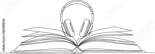 Single Line Online Audio Learning Icon with Open Book and Earphones.