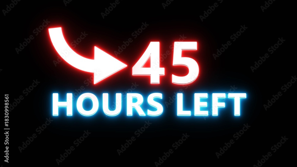 Obraz premium 45 Hours left countdown number. Neon number with arrow icon illustration. Glowing countdown timer.