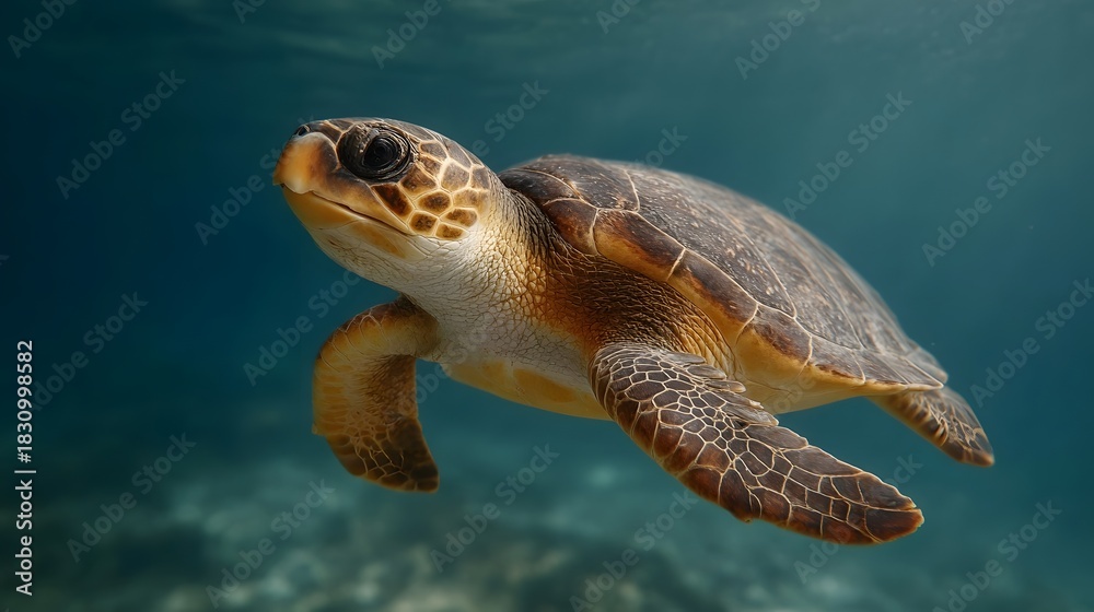 Fototapeta premium A young loggerhead sea turtle swims gracefully in the clear blue ocean water