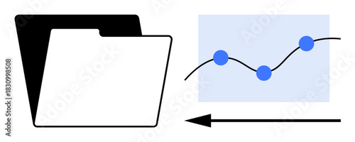 Data management concept. Data ed by a folder icon and a line graph with nodes file organization and analysis. Data storage, processing, and optimization for productivity tools, business analytics