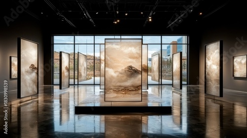 An art gallery showcases a series of landscape paintings with a dramatic lighting scheme, creating a sense of awe and wonder.