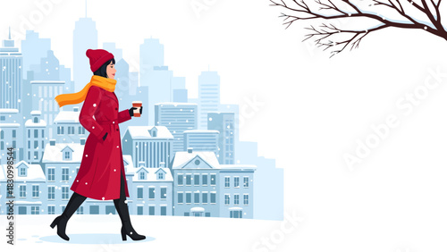 Clad in a vibrant red coat and sunny scarf, a stylish woman strolls through a frosty, blue-hued metropolis while clutching a warm coffee cup amidst gently falling snowflakes