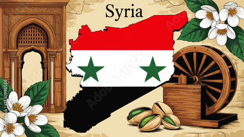 Syria culture illustration with flag map, traditional arch door, jasmine flowers, pistachios and wooden water wheel on vintage background