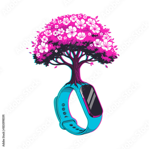 Fitness motivation concept with colorful blooming tree and smartwatch  
