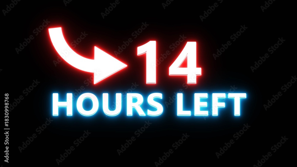 Obraz premium 14 Hours left countdown number. Neon number with arrow icon illustration. Glowing countdown timer.