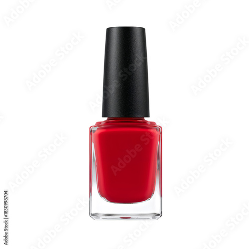 Bright Red Nail Polish in a Clear Glass Bottle on White Background for Beauty...