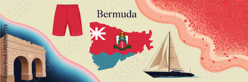Bermuda travel illustration with pink sand beach, turquoise ocean, sailing yacht, island map flag, shorts and stone arch landmark
