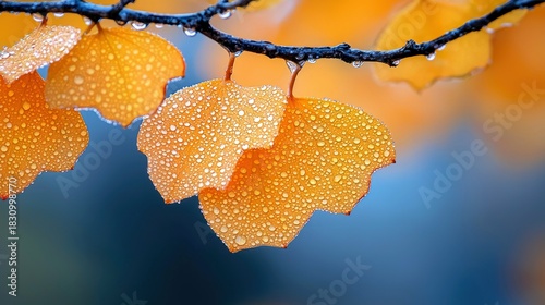Close-up of vibrant yellow autumn leaves covered in water droplets, hanging from a branch against a blurred blue background.