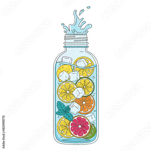 Water bottle filled with fresh citrus fruits and ice cubes  