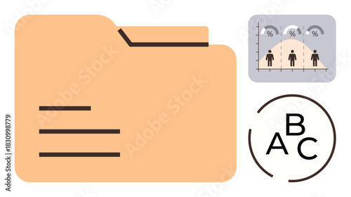 Folder with content lines, graph showing data distribution and percentages, ABC classification chart. Ideal for organization, analysis, management, education, statistics business workflow. Simple
