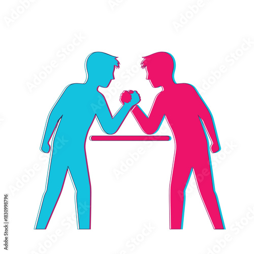 Two silhouetted men arm wrestling with colorful shadows in a playful setting