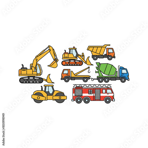 Collection of colorful construction and emergency vehicles illustration.
