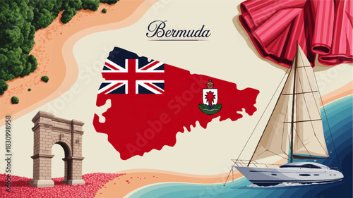 Bermuda travel illustration with island flag map, pink sand beach, sailboat yacht, tropical coastline and historical stone arch