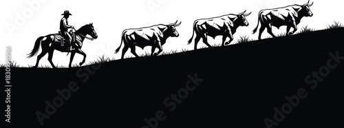 Detailed Black Silhouette Vector Illustration of a Cowboy on Horseback Driving Cattle Up a Grassy Hill, Ideal for Western Themes, Ranching, Livestock, and Rural Graphics