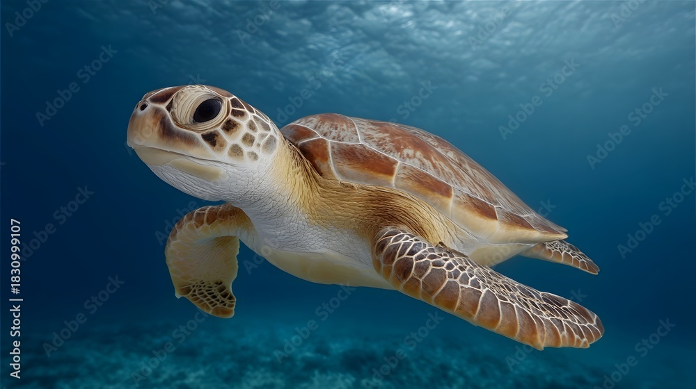 Fototapeta premium A graceful sea turtle swims through clear blue ocean waters its shell patterned with natural designs bathed in sunlight filtering from above