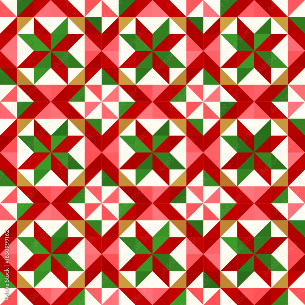 Fototapeta premium Festive seamless vector pattern with geometric stars, traditional colors red, green, beige, and white. Perfect for Christmas gift wrapping, cards, textiles, and seasonal design projects.