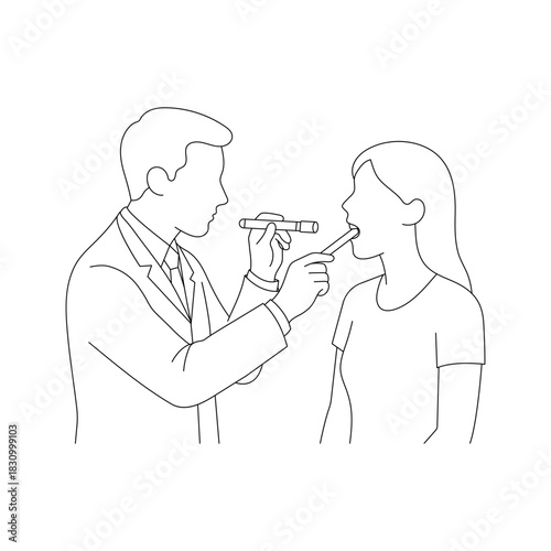 Doctor examining patient’s mouth and throat using medical flashlight in a clinical checkup illustration