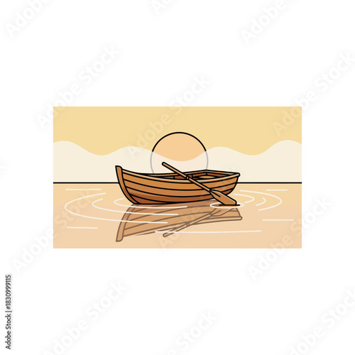 Wooden rowboat with oar resting on calm water.