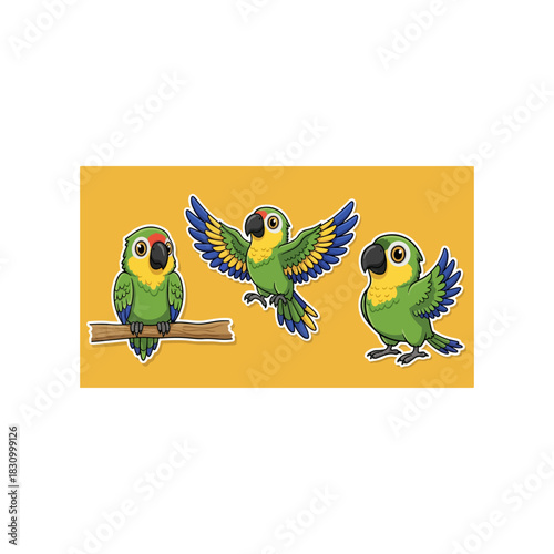 Three Cute Cartoon Green Parrots Illustration.