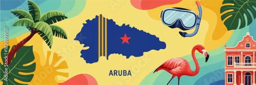 Colorful Aruba travel illustration with island map, flamingo, palm trees, snorkel mask and Caribbean beach vacation icons