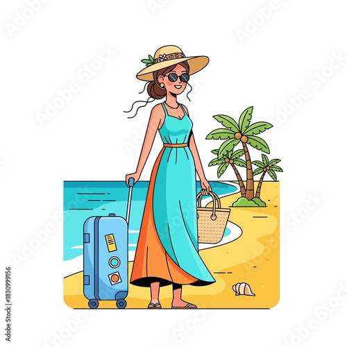 Woman enjoying a summer vacation with luggage and beach accessories near the ocean shore