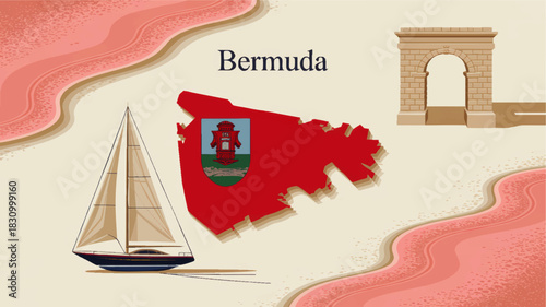 Bermuda travel illustration with island map, pink sand beach, sailing yacht and historic stone archway in vintage pastel style