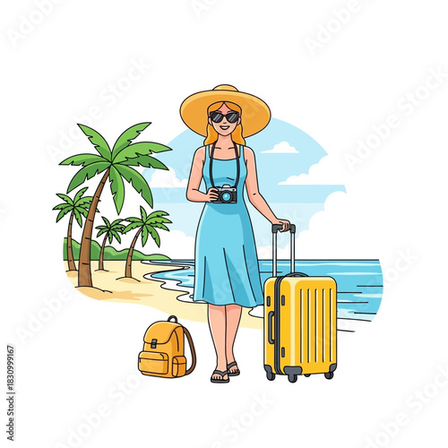 Sun-Kissed Getaway: Animated Vacationer with Luggage Enjoying a Tropical Beach Retreat
