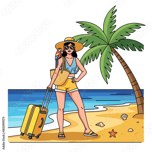 Exotic vacation escapade illustrated a woman enjoying her sunny beach trip with luggage