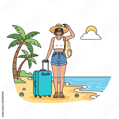 A young woman enjoying a tropical beach vacation with her suitcase and backpack under the sunlight