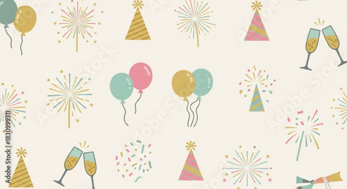 Festive celebratory pattern featuring balloons, fireworks, party hats, and champagne glasses.