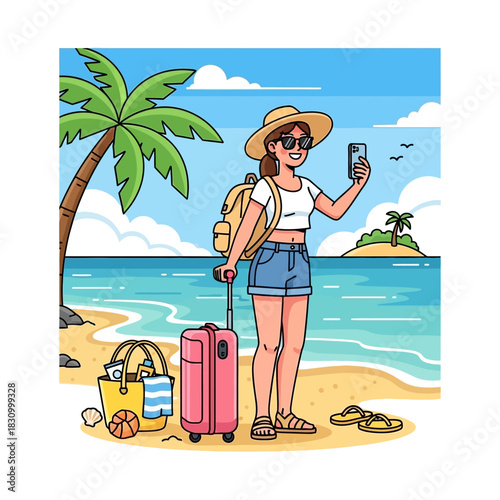 Cheerful traveler enjoying a tropical beach vacation with luggage and smartphone creating memories